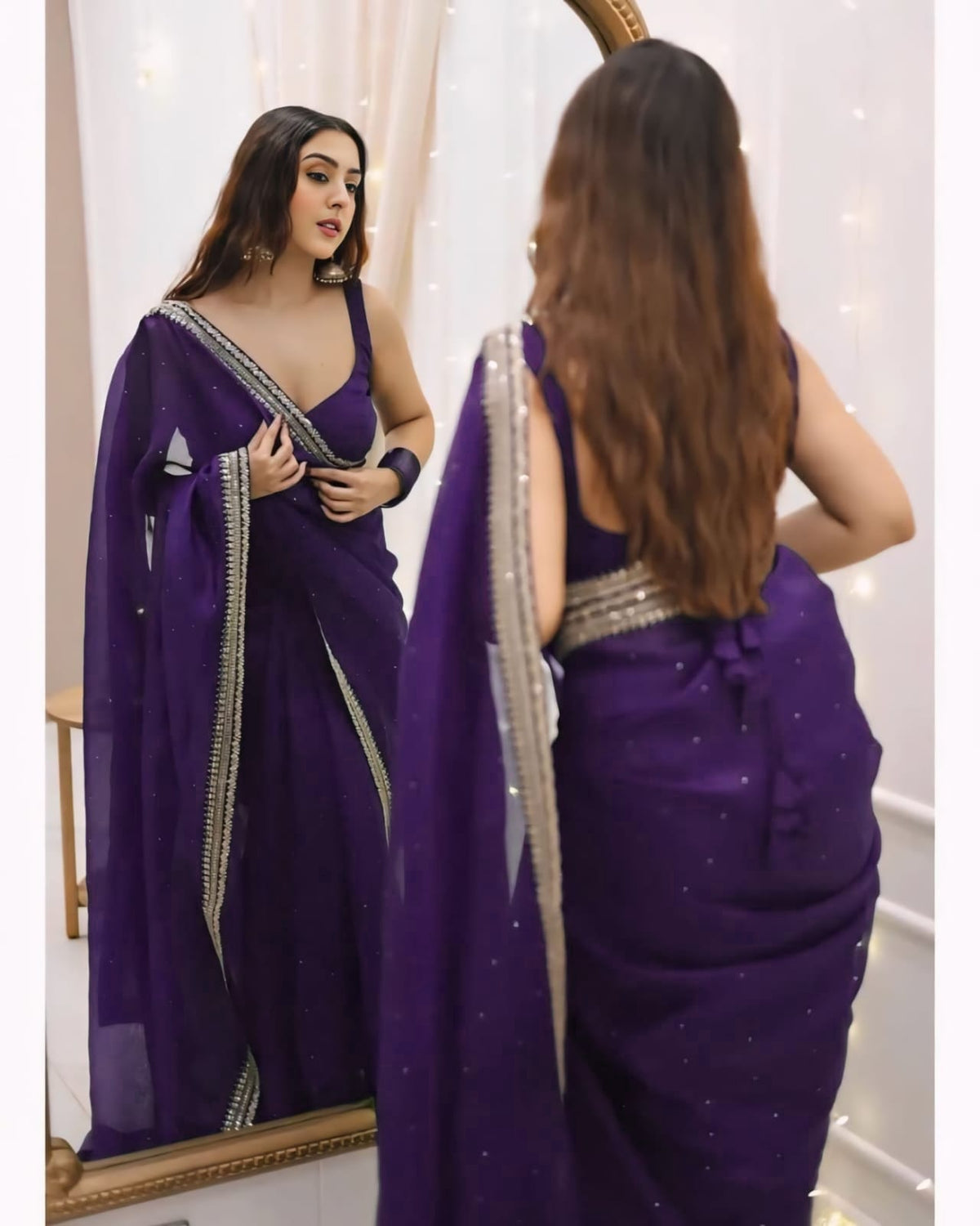 1 MIN READY TO WEAR PURE SOFT ORGANZA  SILK WITH BEAUTIFUL DIAMOND WORK