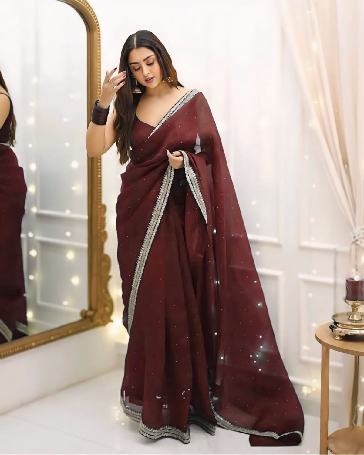 1 MIN READY TO WEAR PURE SOFT ORGANZA  SILK WITH BEAUTIFUL DIAMOND WORK