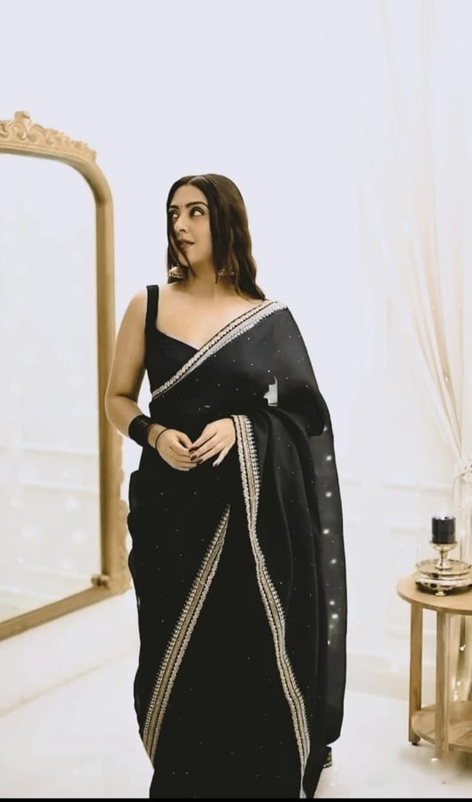 1 MIN READY TO WEAR PURE SOFT ORGANZA  SILK WITH BEAUTIFUL DIAMOND WORK
