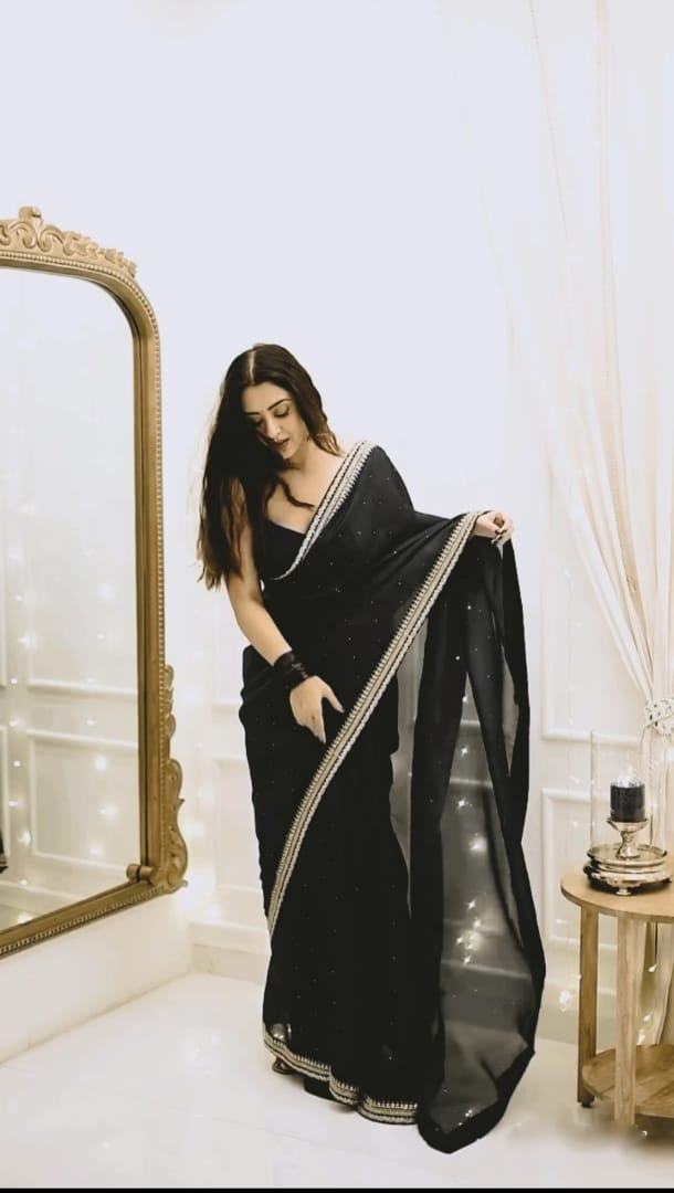 1 MIN READY TO WEAR PURE SOFT ORGANZA  SILK WITH BEAUTIFUL DIAMOND WORK