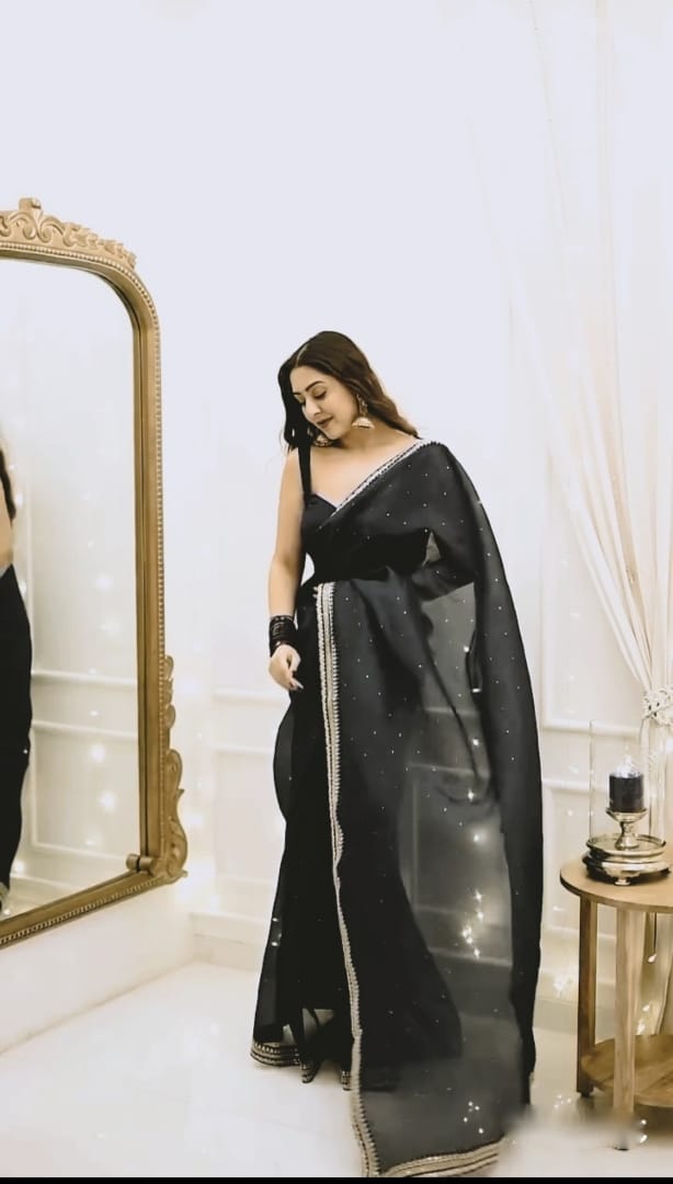 1 MIN READY TO WEAR PURE SOFT ORGANZA  SILK WITH BEAUTIFUL DIAMOND WORK