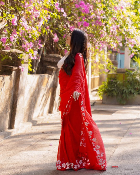 1 MIN READY TO WEAR RED MUL COTTON DIGITAL PRINTED SAREE WITH POCKET