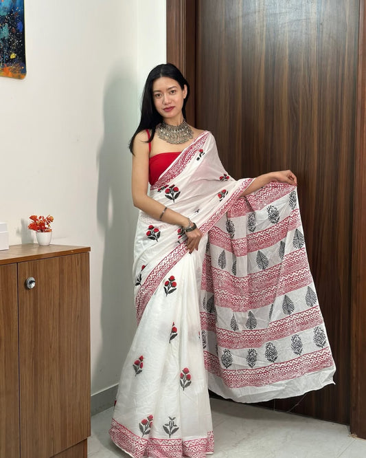 1 MIN READY TO WEAR OFF WHITE MUL COTTON DIGITAL PRINTED SAREE WITH POCKET