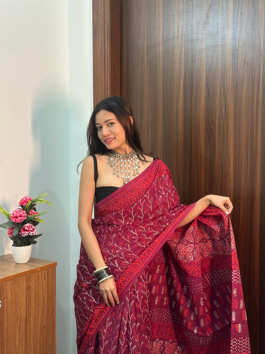 1 MIN READY TO WEAR DARK PINK MUL COTTON DIGITAL PRINTED SAREE WITH POCKET
