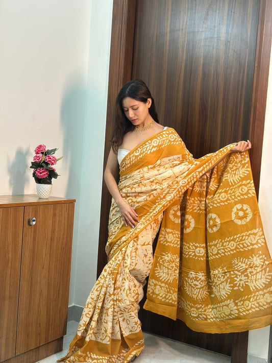 1 MIN READY TO WEAR MUSTARD MUL COTTON DIGITAL PRINTED SAREE WITH POCKET