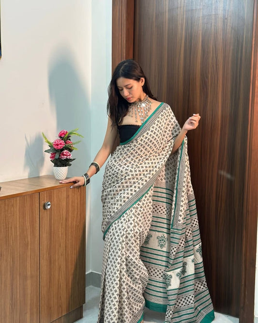 1 MIN READY TO WEAR OFF WHITE MUL COTTON DIGITAL PRINTED SAREE WITH POCKET