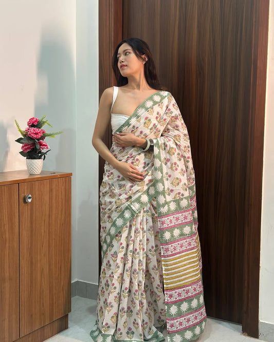 1 MIN READY TO WEAR OFF WHITE MUL COTTON DIGITAL PRINTED SAREE WITH POCKET