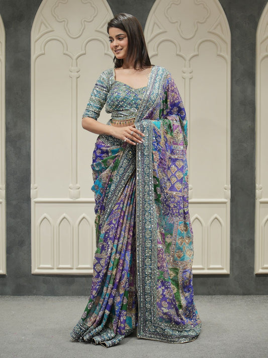 BLUE SOFT CHINNON SAREE WITH GOLD ZARI & REAL MIRROR WORK