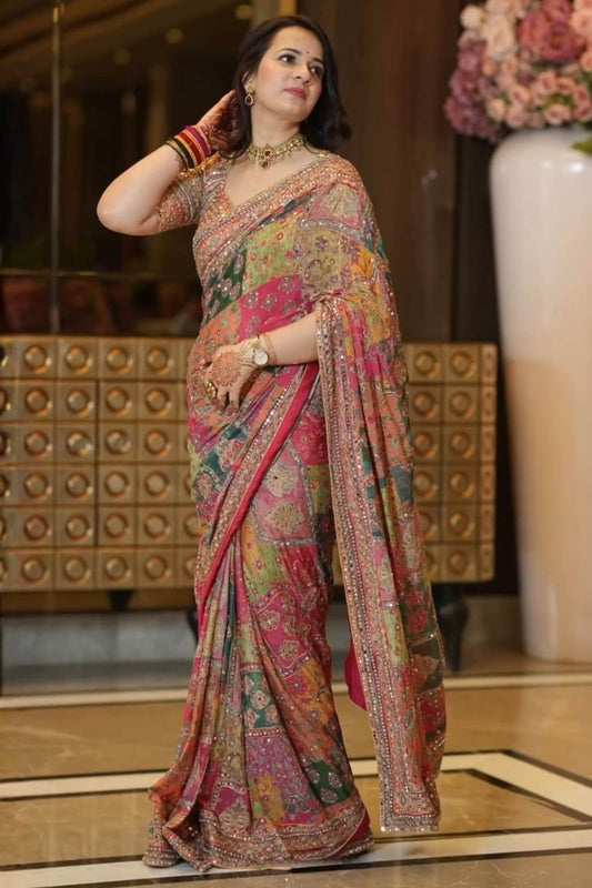MULTICOLOR CHINON SILK PRINTED MIRROR WORK SAREE
