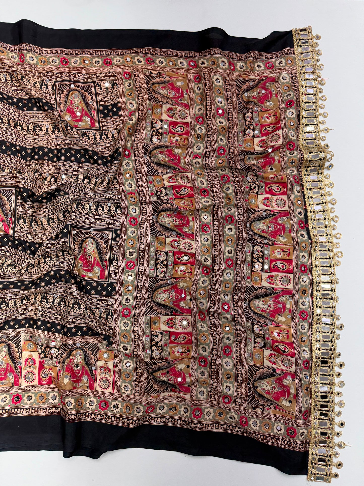 SOFT GAJJI SATTIN AJRAKH PRINTED MIRROR WORK CELEBRITY INSPIRED SAREE