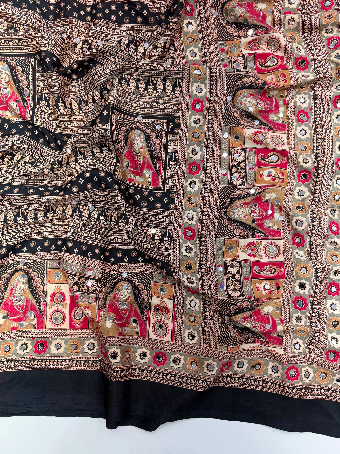 SOFT GAJJI SATTIN AJRAKH PRINTED MIRROR WORK CELEBRITY INSPIRED SAREE
