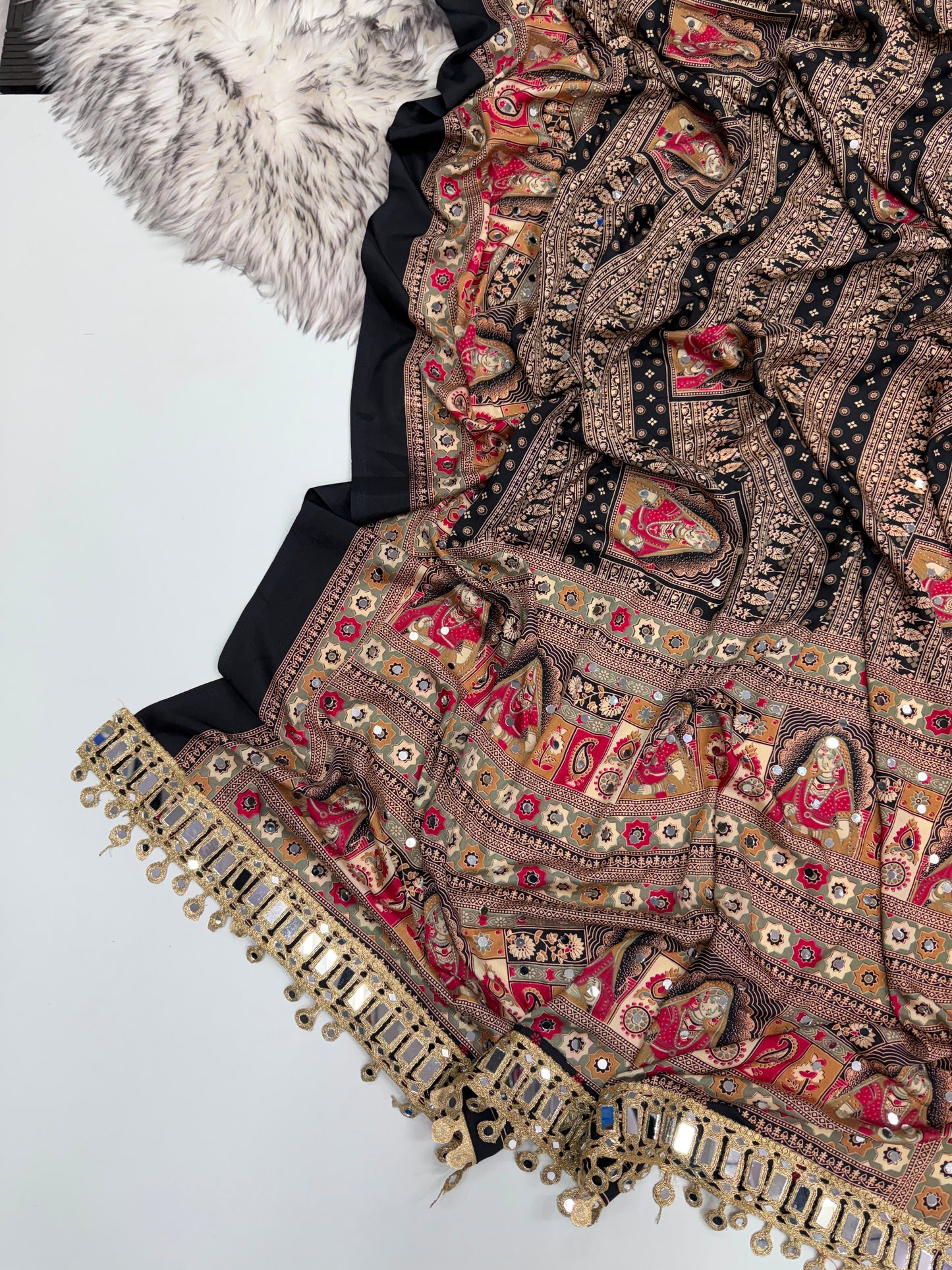 SOFT GAJJI SATTIN AJRAKH PRINTED MIRROR WORK CELEBRITY INSPIRED SAREE