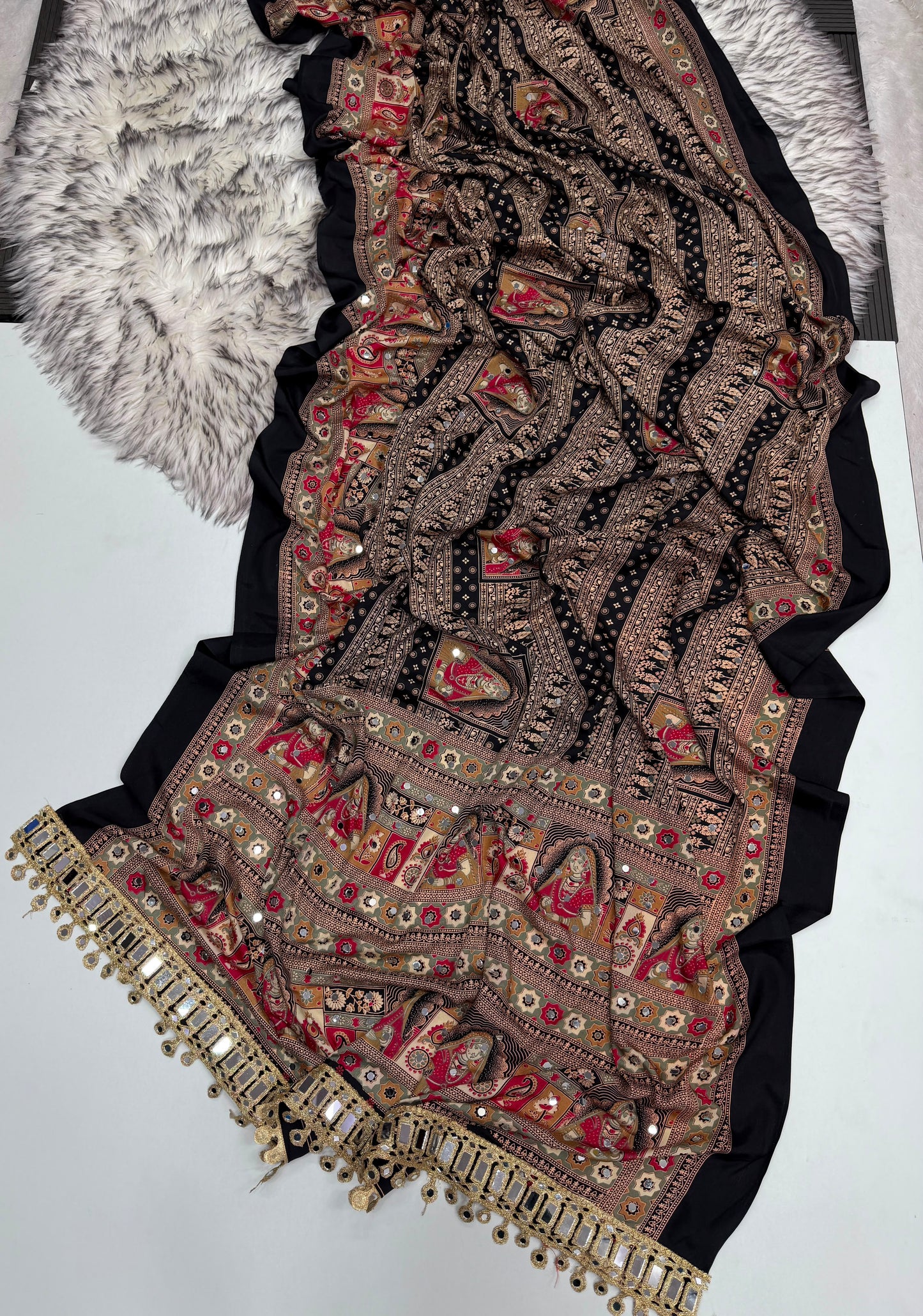 SOFT GAJJI SATTIN AJRAKH PRINTED MIRROR WORK CELEBRITY INSPIRED SAREE
