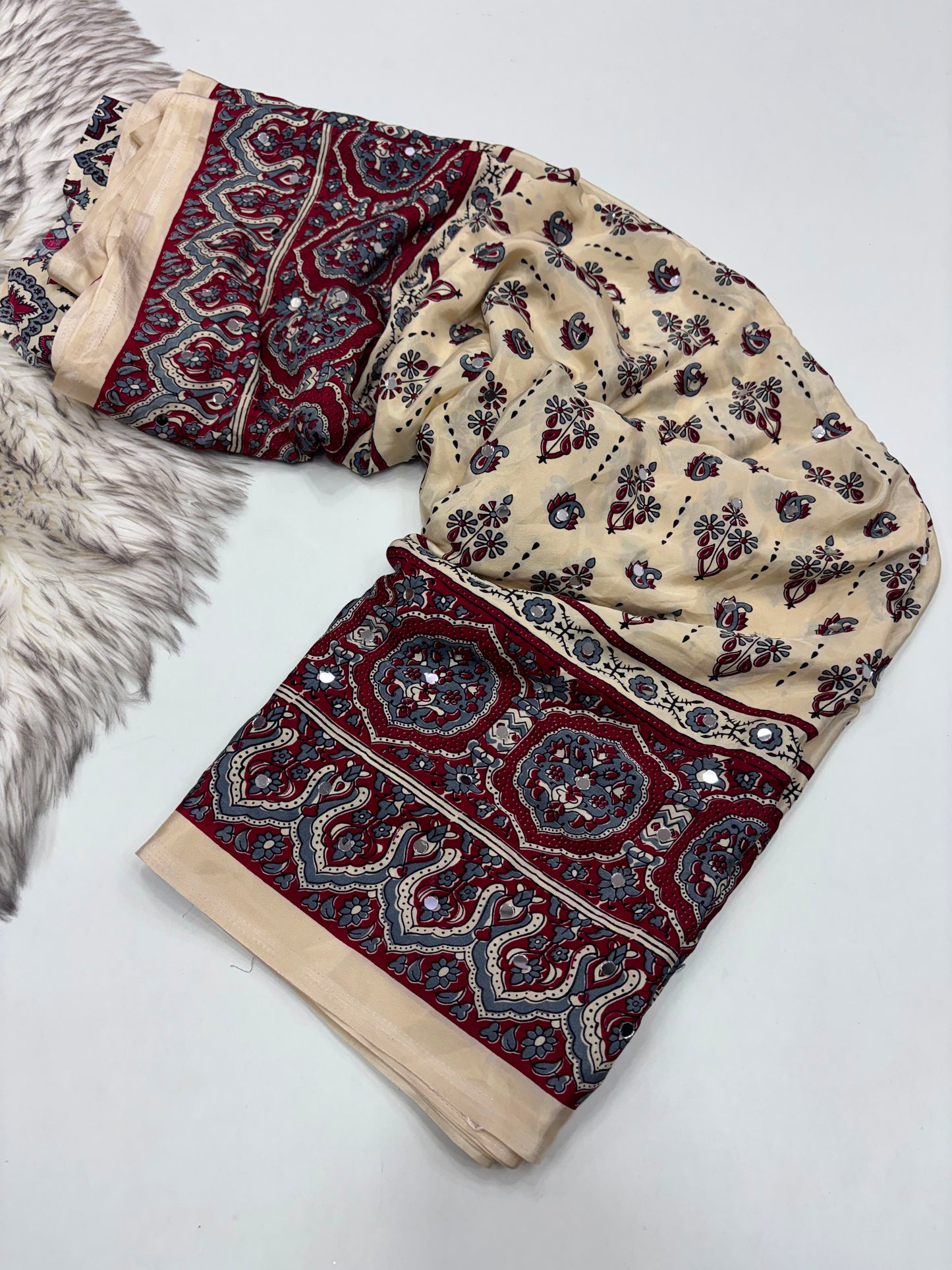 SOFT GAJJI SATTIN AJRAKH PRINTED MIRROR WORK CELEBRITY INSPIRED SAREE