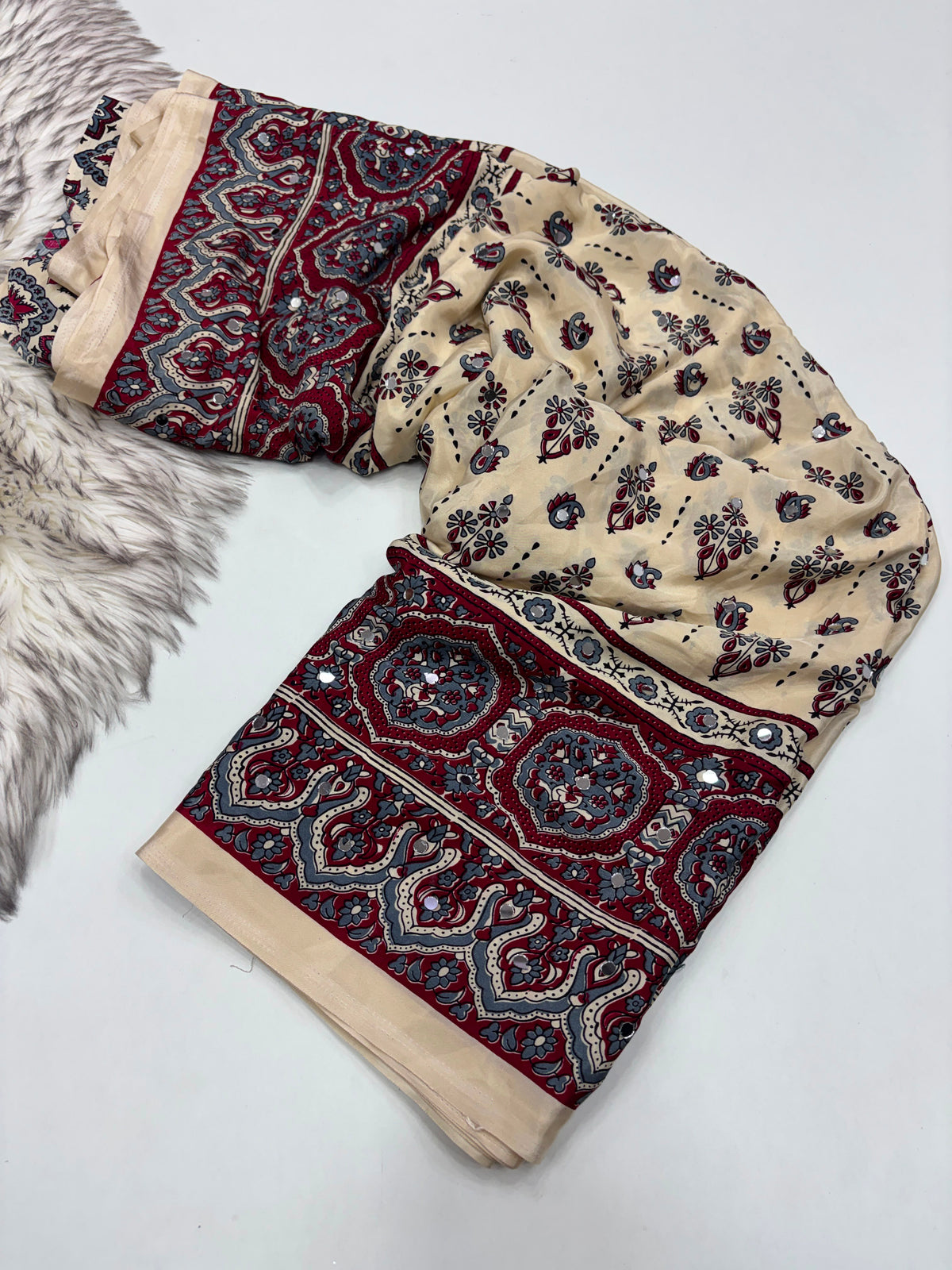SOFT GAJJI SATTIN AJRAKH PRINTED MIRROR WORK CELEBRITY INSPIRED SAREE