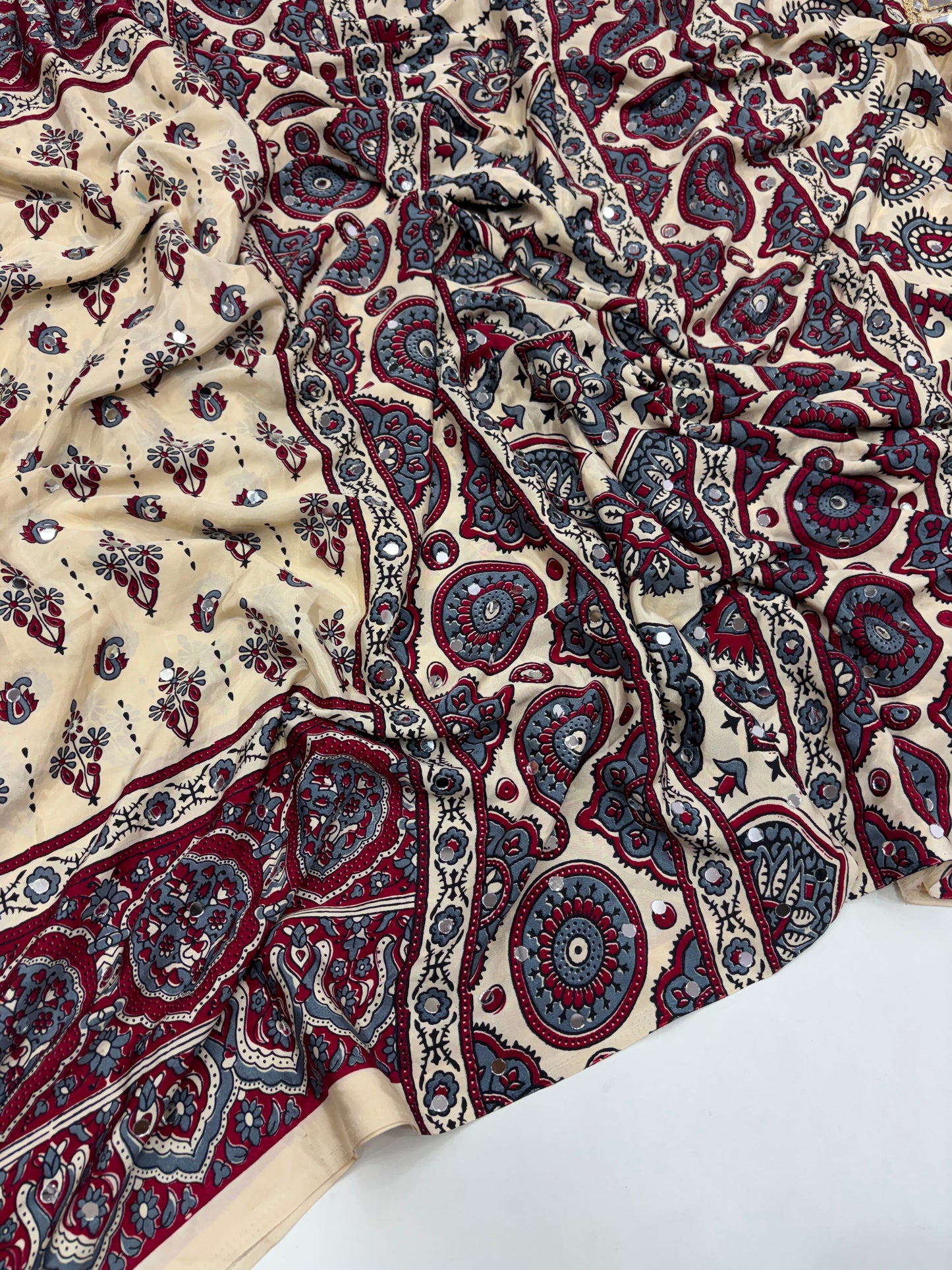 SOFT GAJJI SATTIN AJRAKH PRINTED MIRROR WORK CELEBRITY INSPIRED SAREE