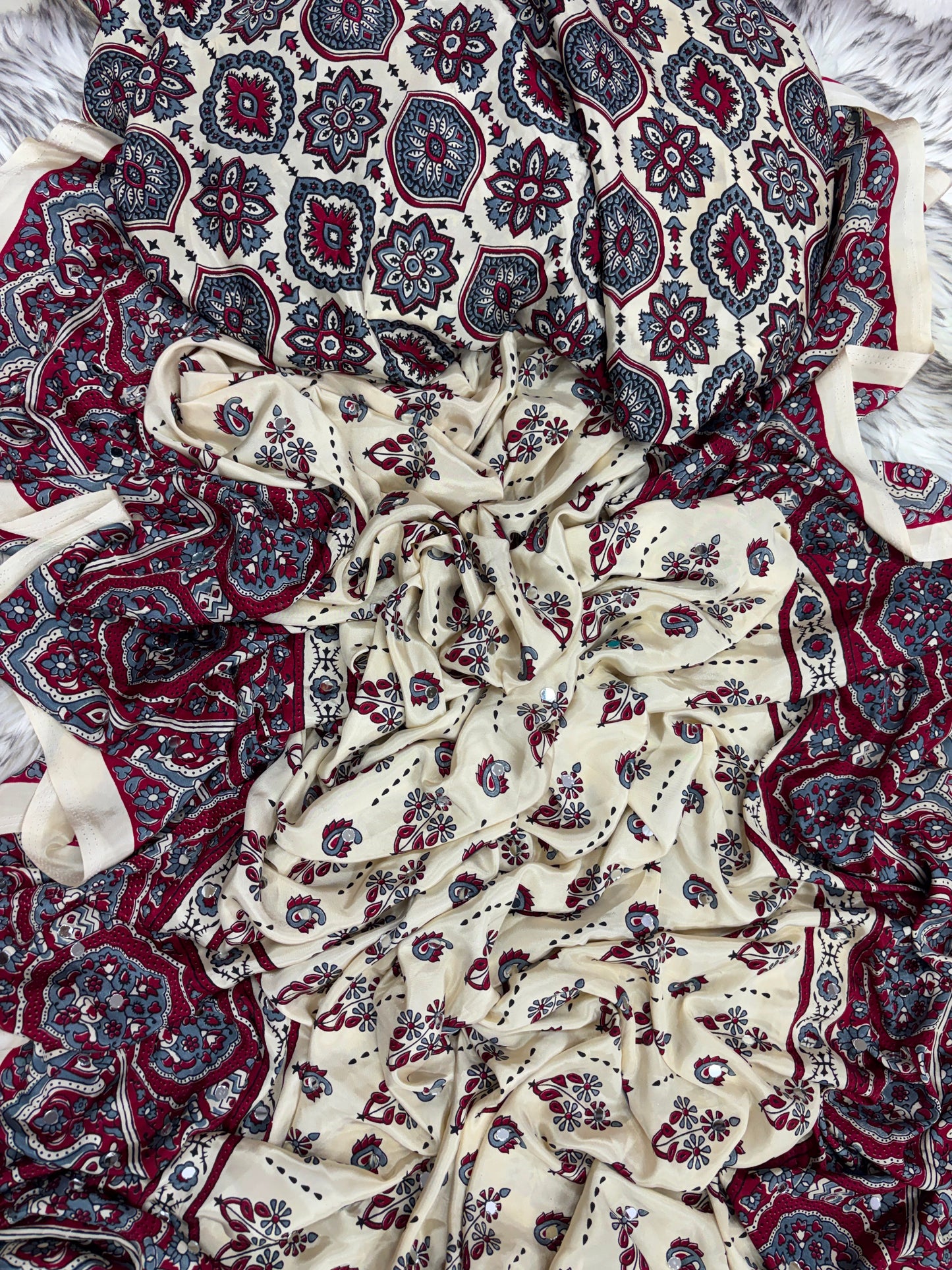 SOFT GAJJI SATTIN AJRAKH PRINTED MIRROR WORK CELEBRITY INSPIRED SAREE