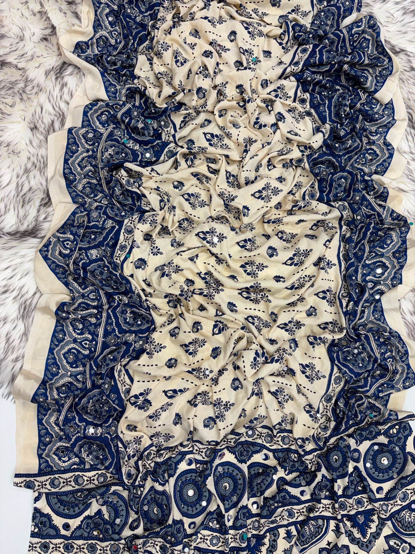 SOFT GAJJI SATTIN AJRAKH PRINTED MIRROR WORK CELEBRITY INSPIRED SAREE