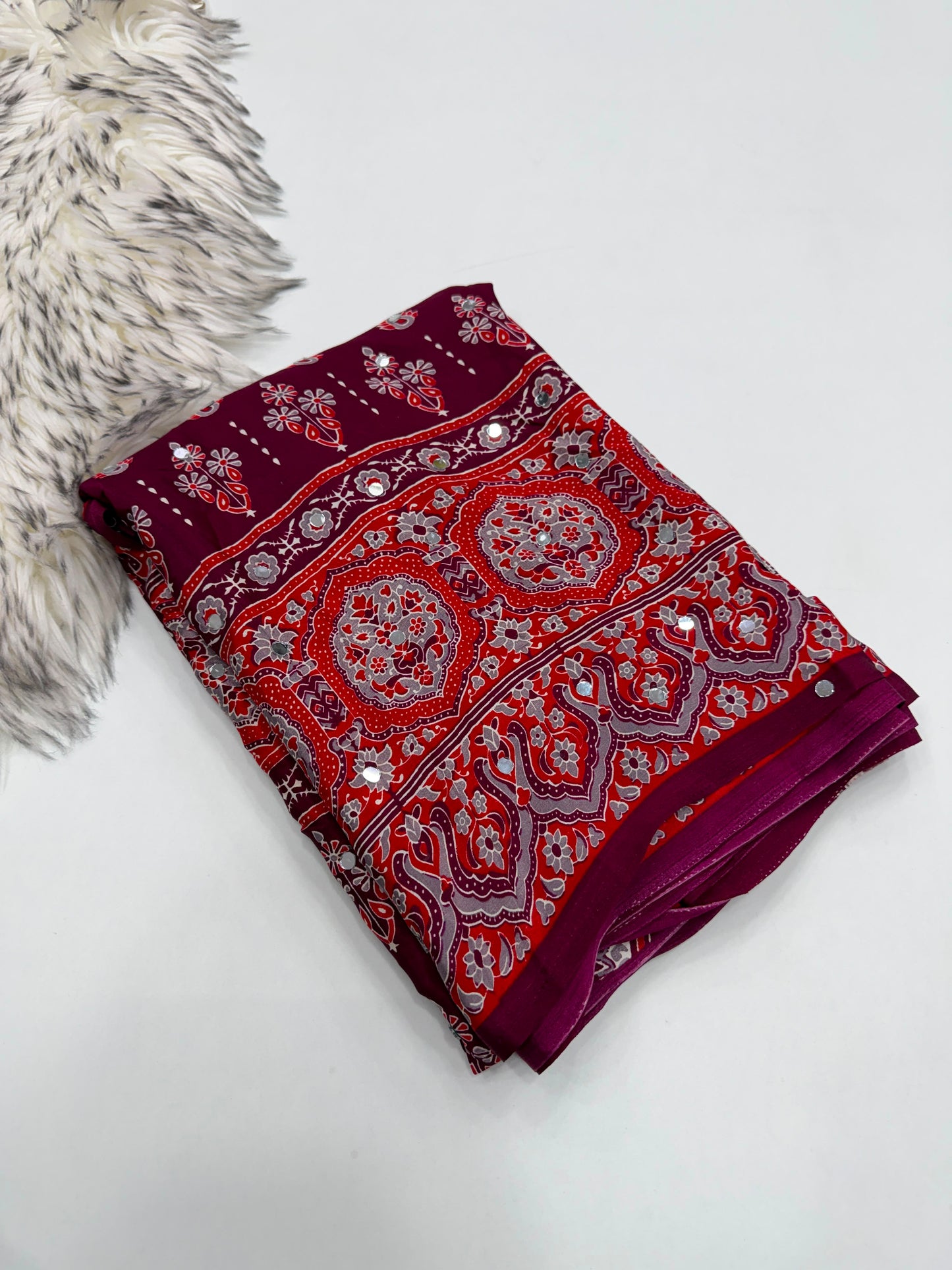 SOFT GAJJI SATTIN AJRAKH PRINTED MIRROR WORK CELEBRITY INSPIRED SAREE