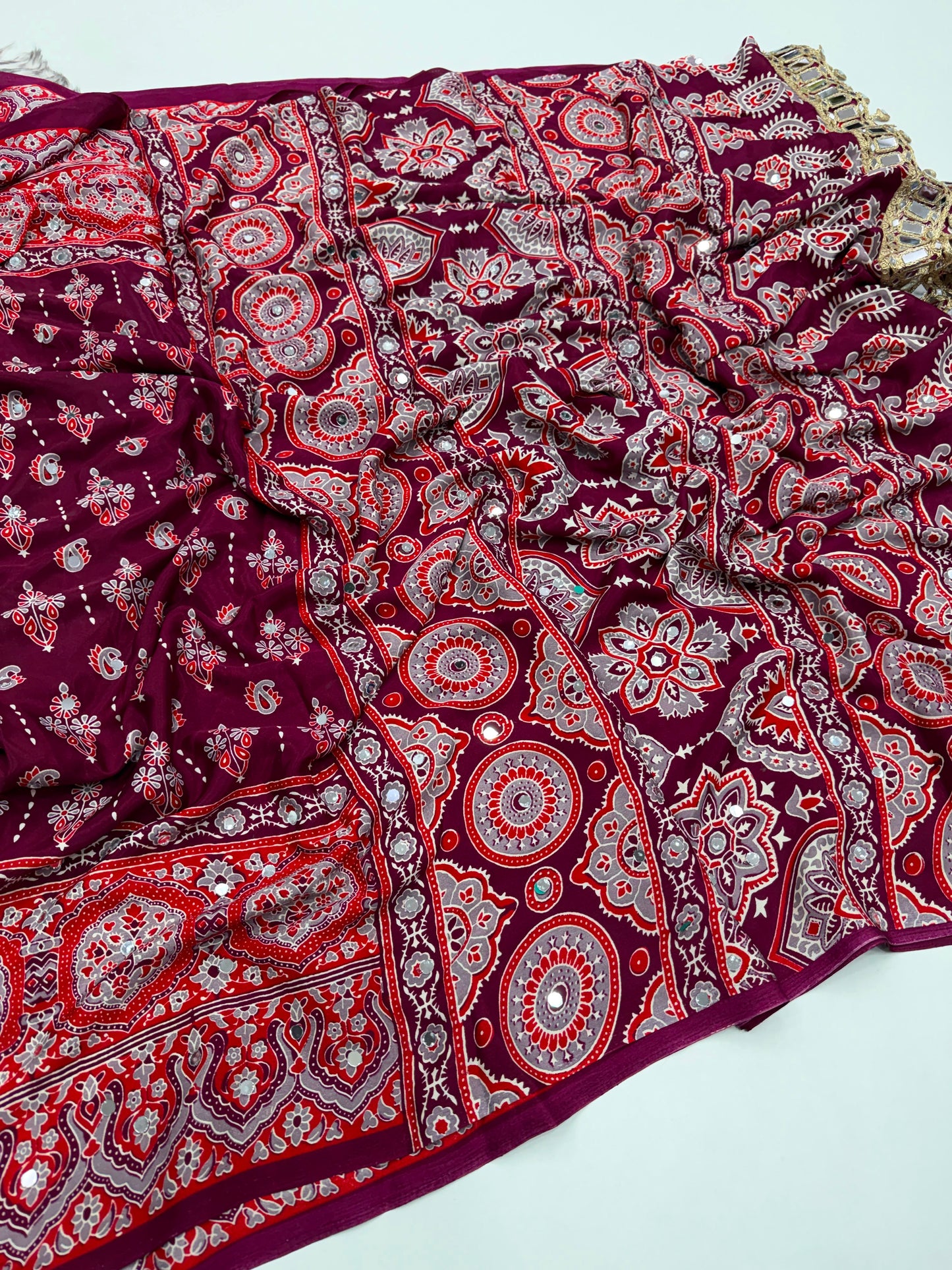 SOFT GAJJI SATTIN AJRAKH PRINTED MIRROR WORK CELEBRITY INSPIRED SAREE