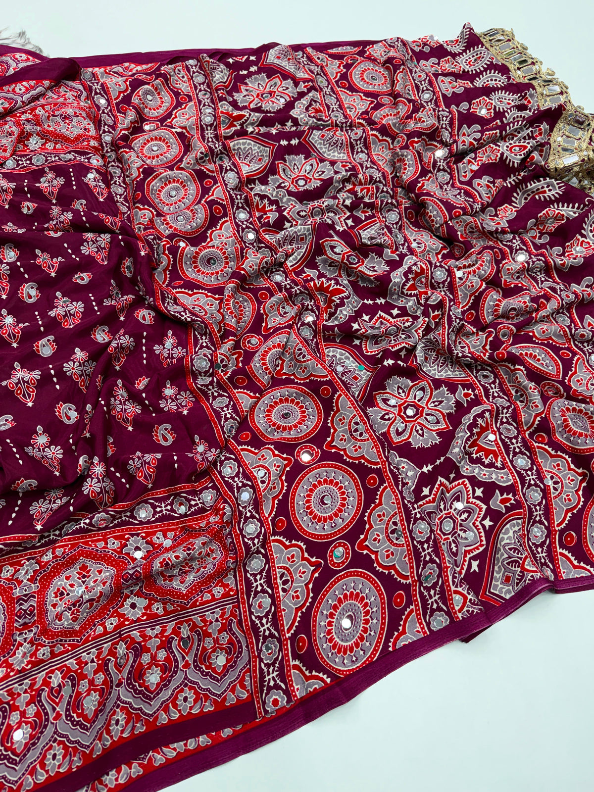 SOFT GAJJI SATTIN AJRAKH PRINTED MIRROR WORK CELEBRITY INSPIRED SAREE