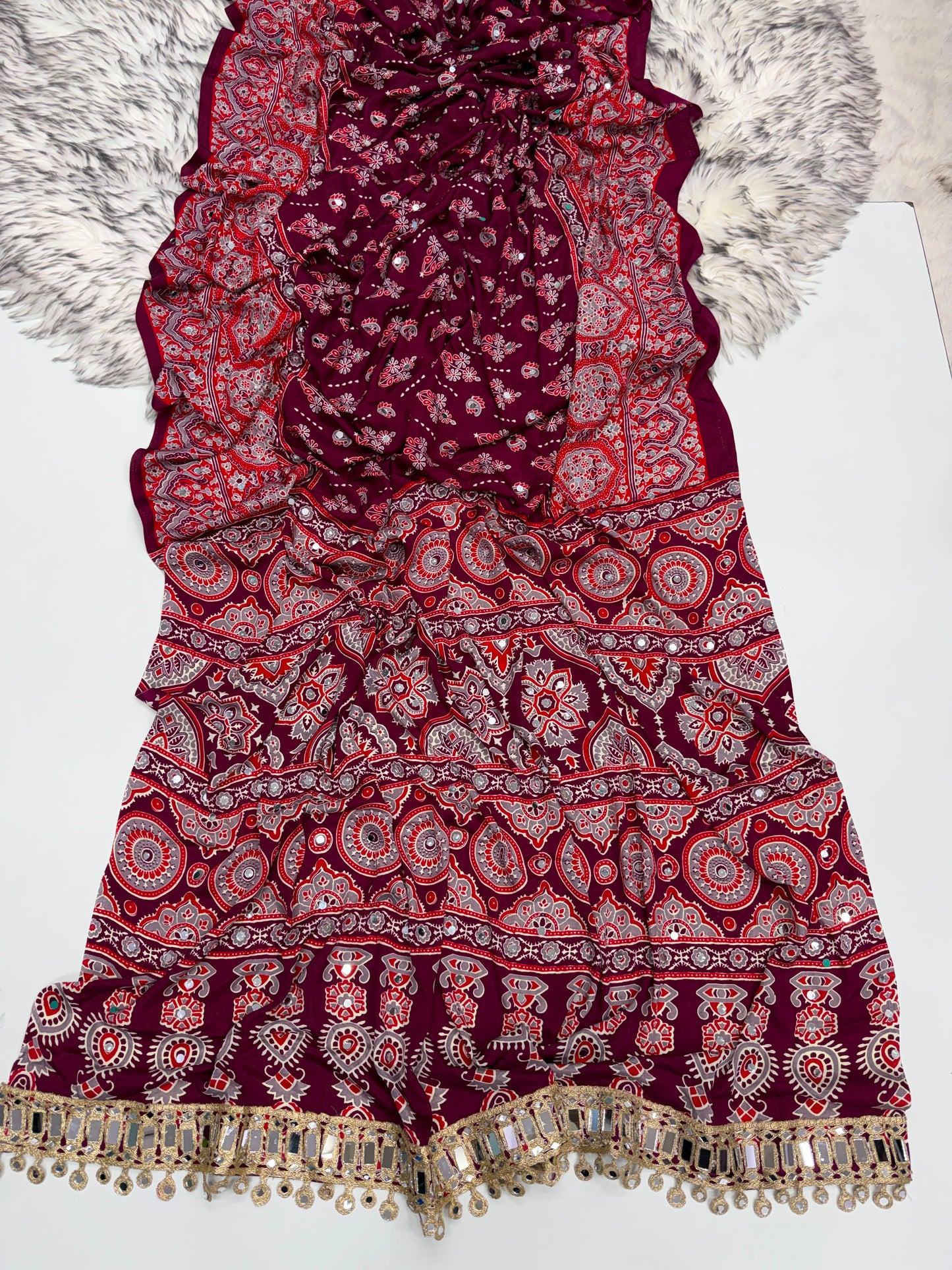 SOFT GAJJI SATTIN AJRAKH PRINTED MIRROR WORK CELEBRITY INSPIRED SAREE