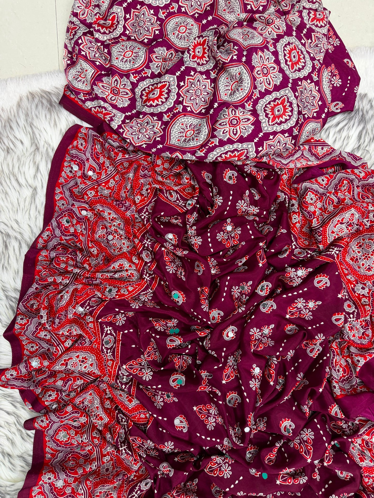 SOFT GAJJI SATTIN AJRAKH PRINTED MIRROR WORK CELEBRITY INSPIRED SAREE