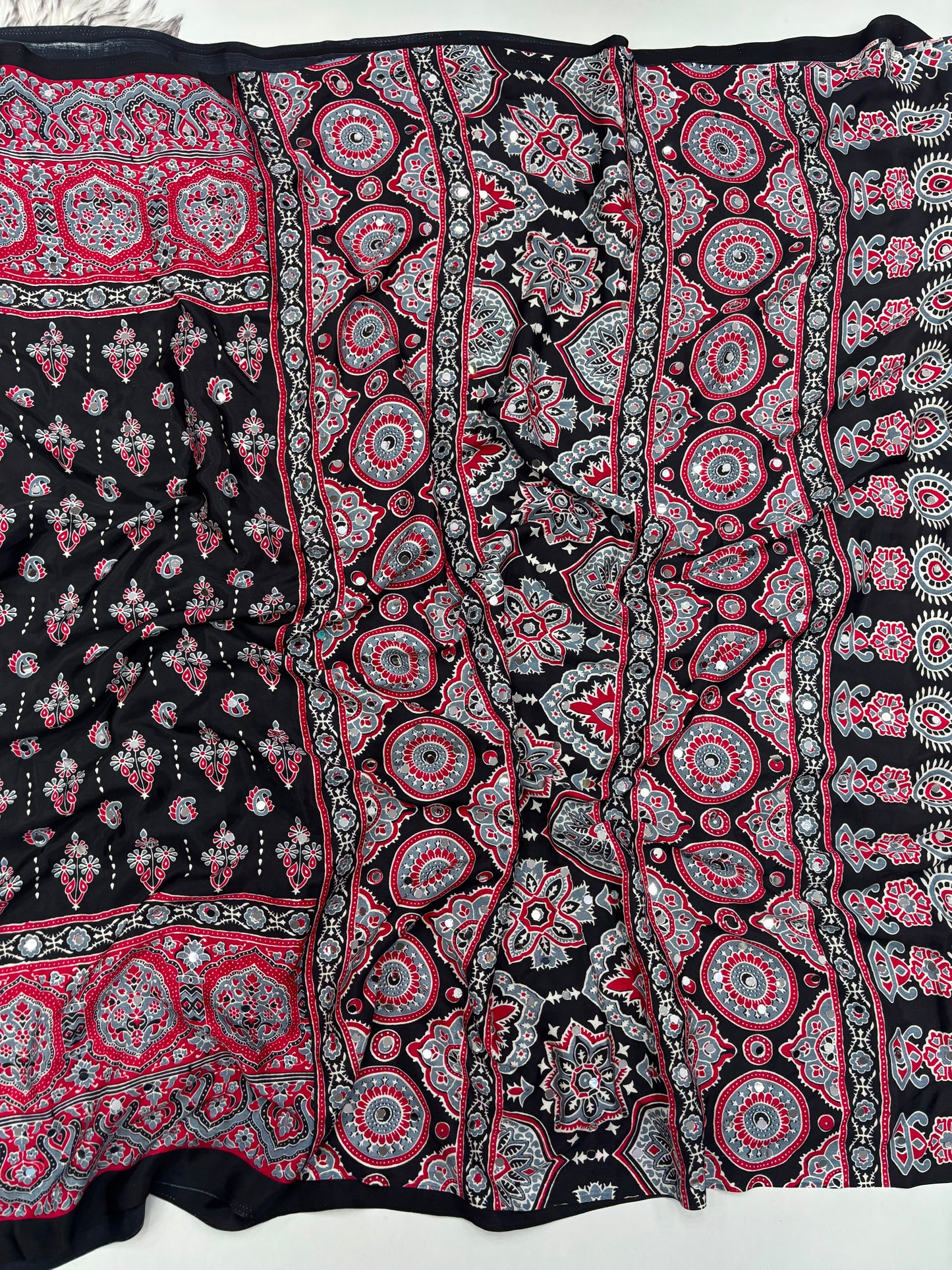 SOFT GAJJI SATTIN AJRAKH PRINTED MIRROR WORK CELEBRITY INSPIRED SAREE