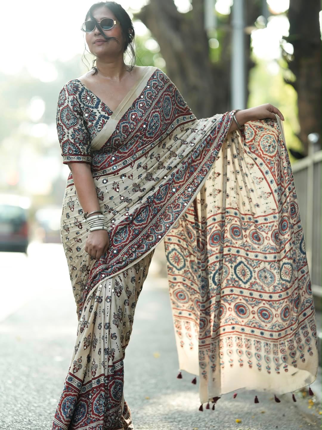 VINTAGE-INSPIRED MODAL SILK SAREE WITH REAL MIRROR
