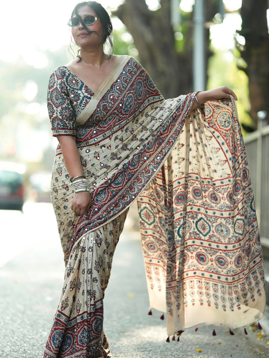 VINTAGE-INSPIRED MODAL SILK SAREE WITH REAL MIRROR