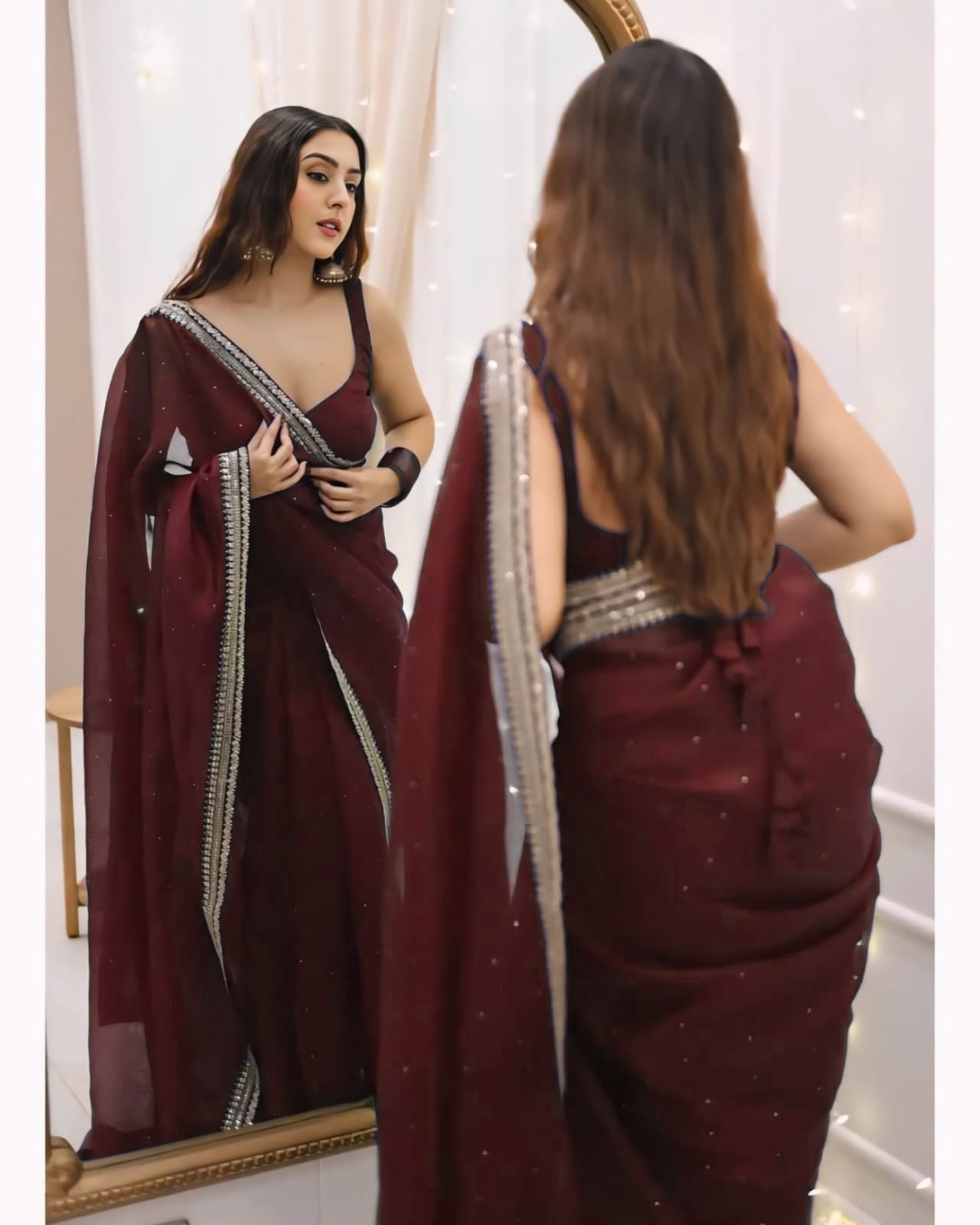 1 MIN READY TO WEAR PURE SOFT ORGANZA  SILK WITH BEAUTIFUL DIAMOND WORK