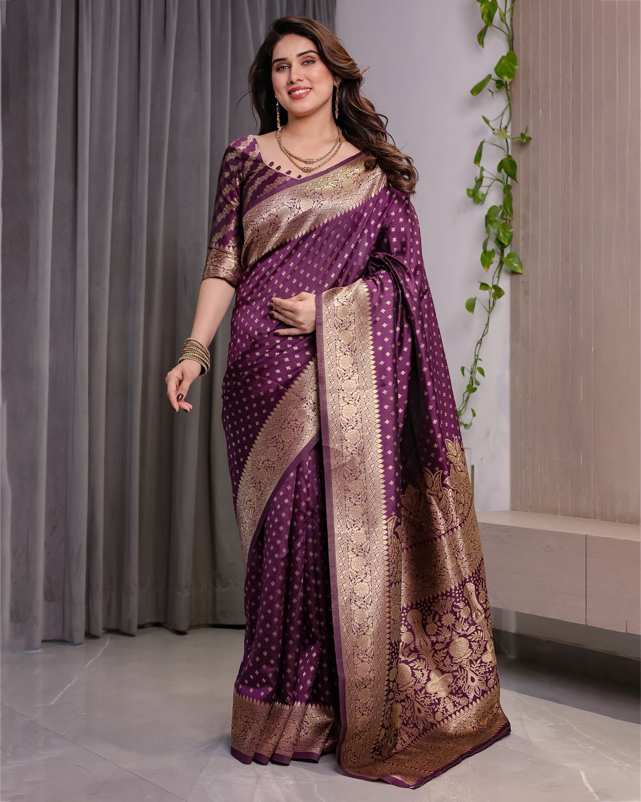 Magenta Pink Pure Kanjivaram Silk Saree with Golden Zari Weaving