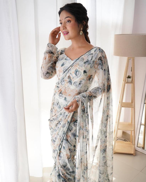 1-MIN READY TO WEAR SAREE LIGHT GREY  COLOUR BEAUTIFULL SOFT  TABI SILK WITH DIGITAL PRINT