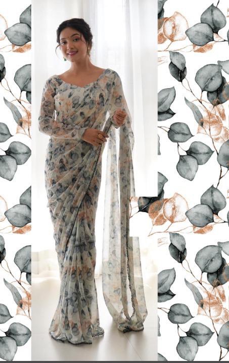 1-MIN READY TO WEAR SAREE LIGHT GREY  COLOUR BEAUTIFULL SOFT  TABI SILK WITH DIGITAL PRINT