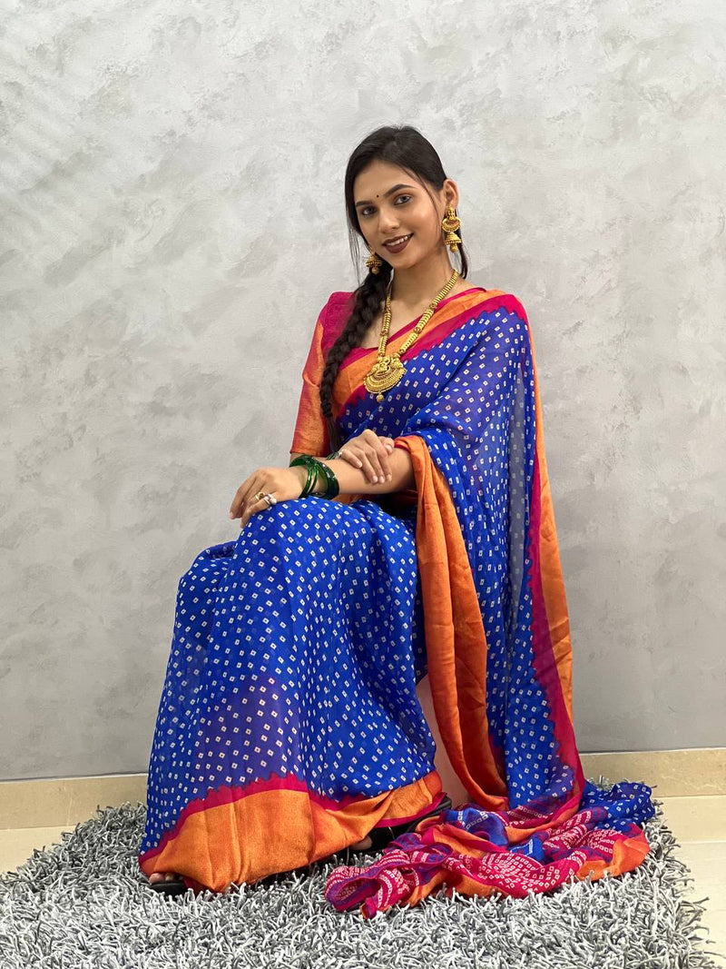 1 MIN READY TO WEAR SAREE  IN NAVY BLUE BANDHANI SOFT CHIFFON SAREE