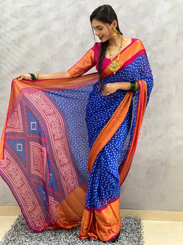 1 MIN READY TO WEAR SAREE  IN NAVY BLUE BANDHANI SOFT CHIFFON SAREE