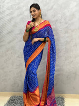 1 MIN READY TO WEAR SAREE  IN NAVY BLUE BANDHANI SOFT CHIFFON SAREE