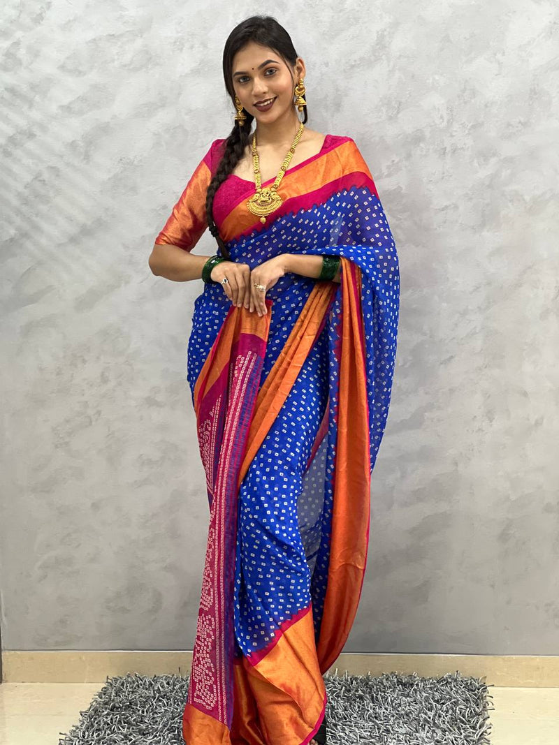 1 MIN READY TO WEAR SAREE  IN NAVY BLUE BANDHANI SOFT CHIFFON SAREE