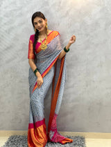 1 MIN READY TO WEAR SAREE  IN GREY BANDHANI SOFT CHIFFON SAREE