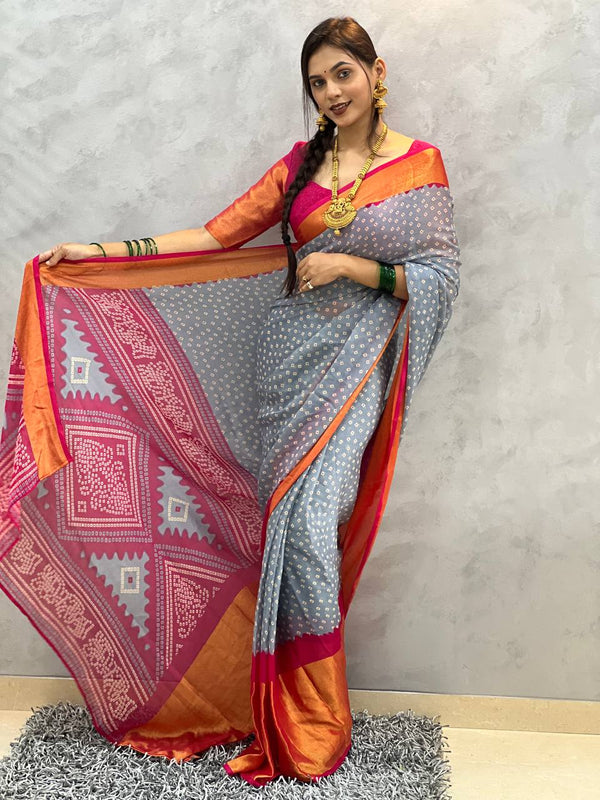 1 MIN READY TO WEAR SAREE  IN GREY BANDHANI SOFT CHIFFON SAREE