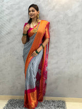 1 MIN READY TO WEAR SAREE  IN GREY BANDHANI SOFT CHIFFON SAREE