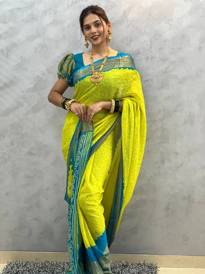 1 MIN READY TO WEAR SAREE  IN YELLOW BANDHANI SOFT CHIFFON SAREE