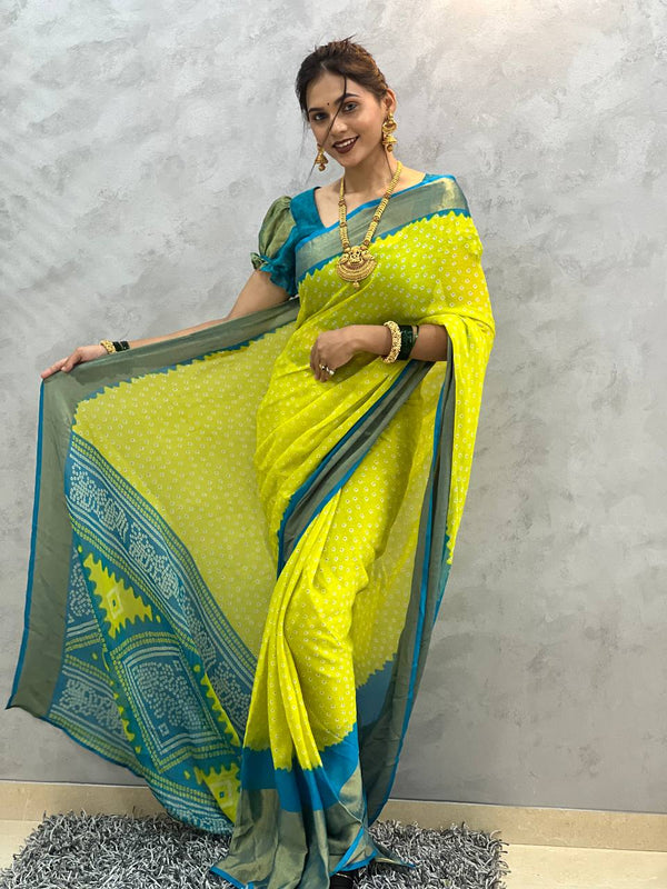 1 MIN READY TO WEAR SAREE  IN YELLOW BANDHANI SOFT CHIFFON SAREE