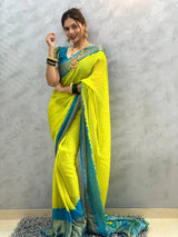 1 MIN READY TO WEAR SAREE  IN YELLOW BANDHANI SOFT CHIFFON SAREE