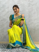 1 MIN READY TO WEAR SAREE  IN YELLOW BANDHANI SOFT CHIFFON SAREE