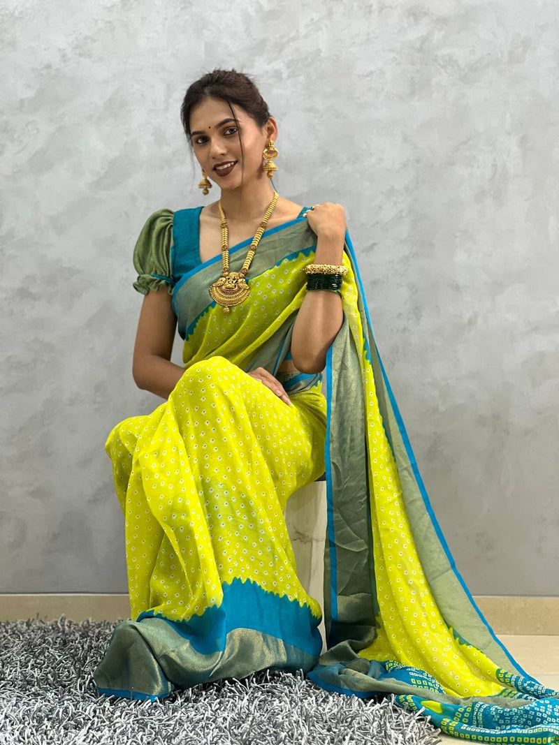 Yellow Haldi Satin Silk Ready To Wear Saree With Shoulder Broach – Iraho