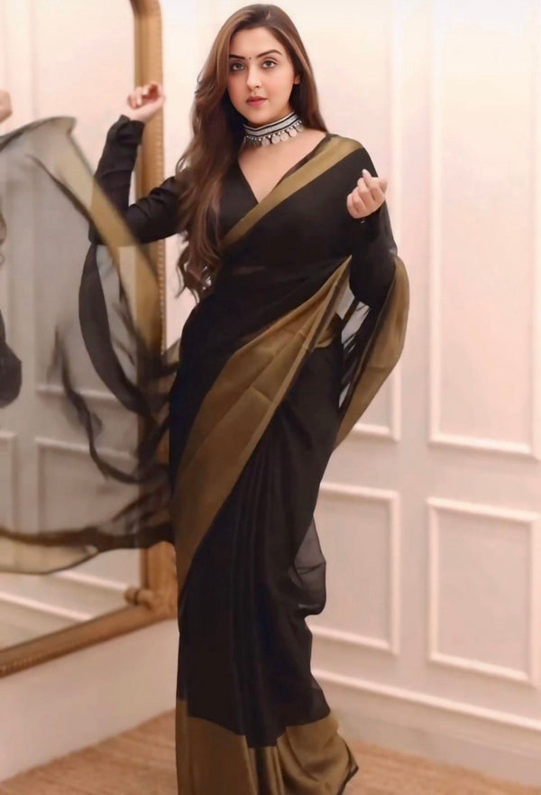 1-MIN READY TO WEAR SAREE IN PREMIUM CHIFFON SILK WITH ZARI PATTA