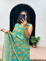 1-MIN READY TO WEAR RUFFLE  GEORGETTE GOWN SAREE AQUA GREEN