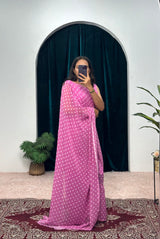 1-MIN READY TO WEAR PREMIUM GEORGETTE GOWN SAREE PINK WITH WHITE DOT