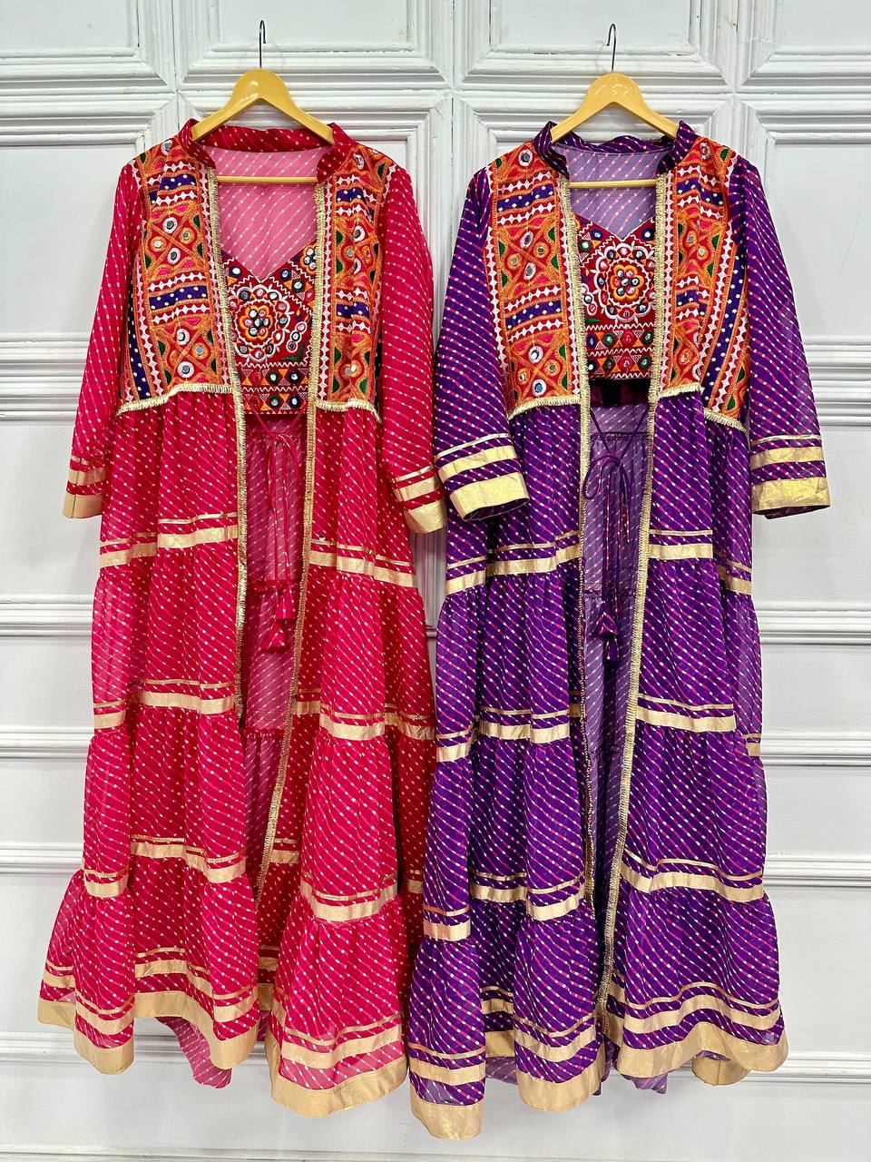 TRENDING SHRUG ON FAUX GEORGETTE WITH BANDHANI PRINT & EMBROIDERY WORK